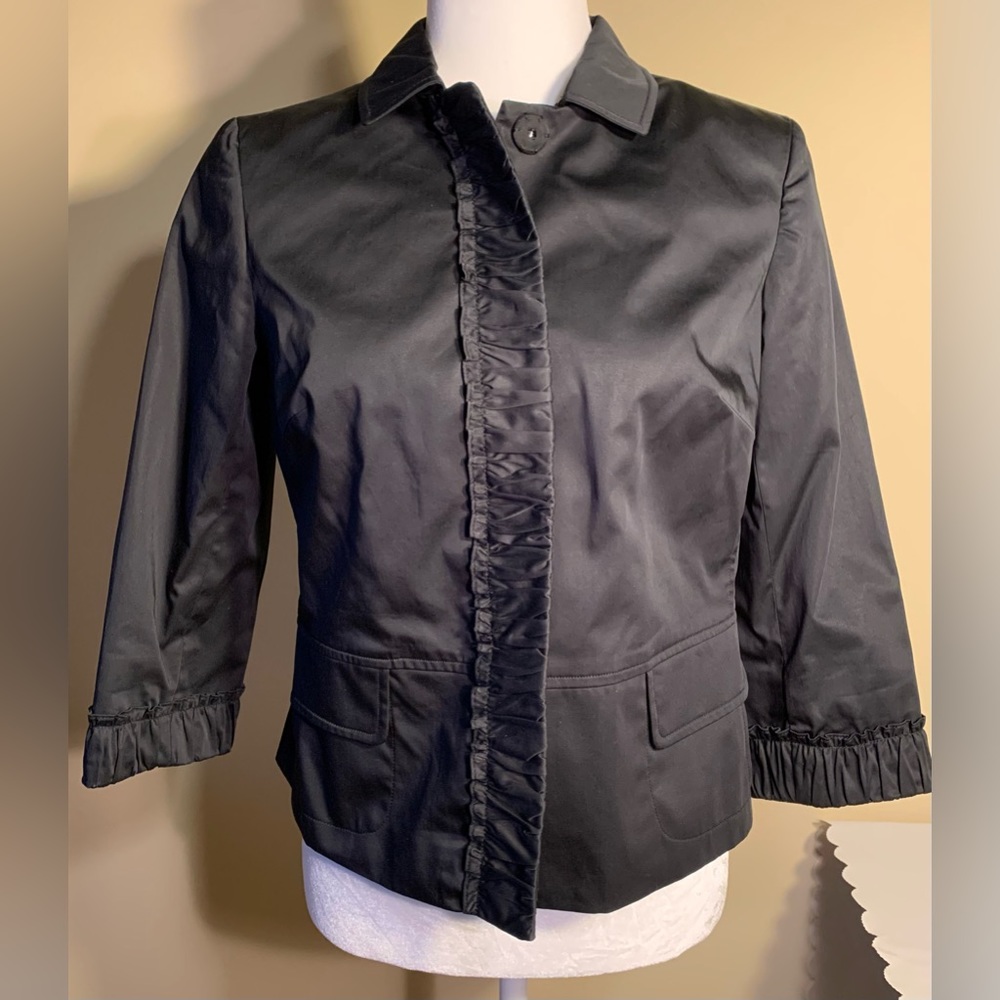 EUC “Shacket” (Jacket/Shirt): Snap Close, Peplum, Subtle Sheen, Ruffle Placket - Picture 2 of 11